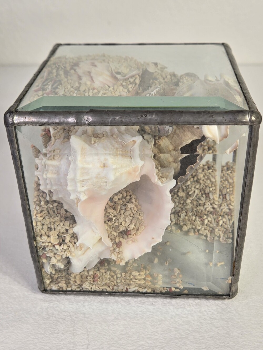 VTG Beveled Glass Sand Seashell Kaleidoscope Cube Keepsake Box Heavy Paper Weigh